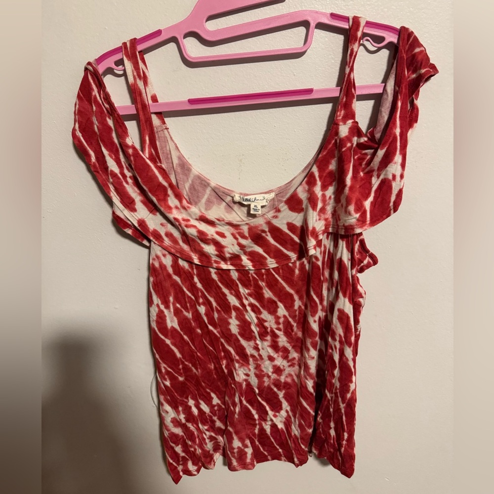 Two off shoulder tops one red one blue tie-dye